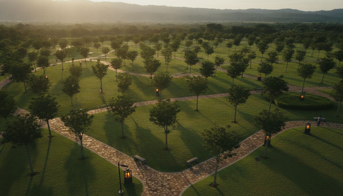 Aerial view of Abraham's Bosom Memorial Garden with lush green lawns and pathways