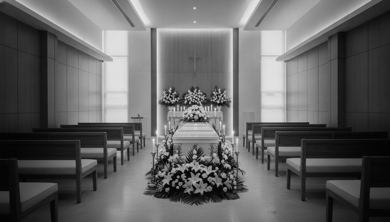 Modern funeral chapel interior with elegant floral arrangements