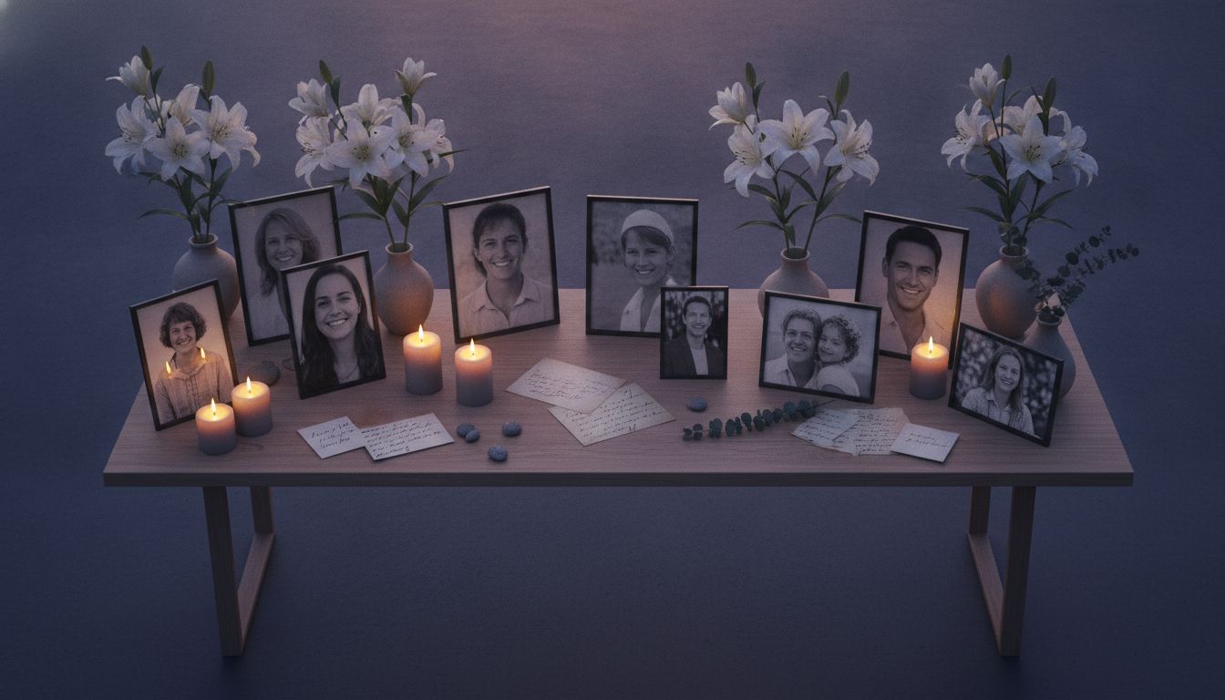 Personalised funeral memorial display with photographs and flowers