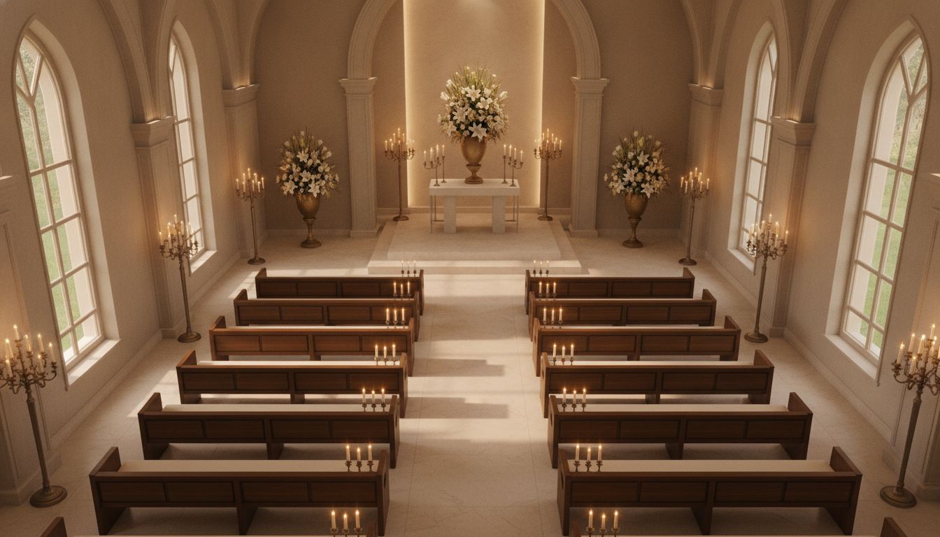 Serene chapel interior with elegant seating and natural light