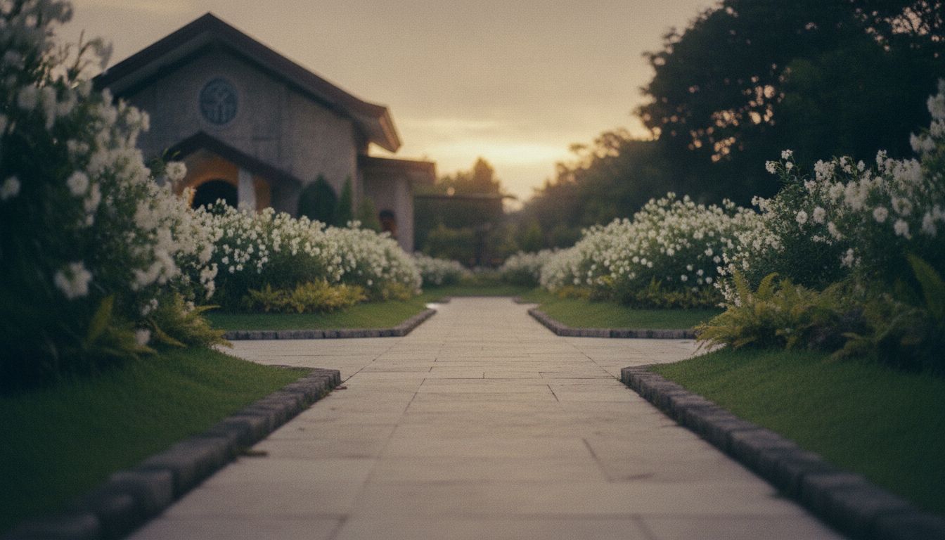 Serene memorial garden pathway at golden hour