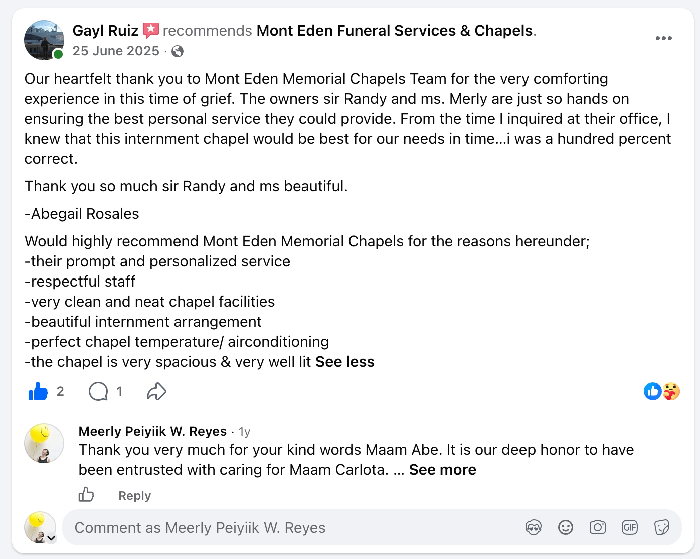 Facebook recommendation screenshot from Gayl Ruiz