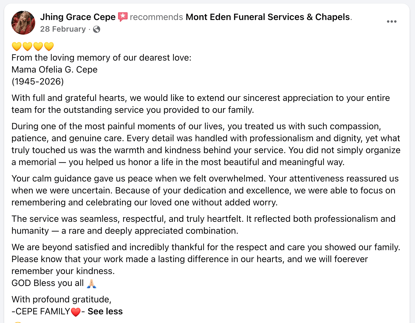 Facebook recommendation screenshot from Jhing Grace Cepe